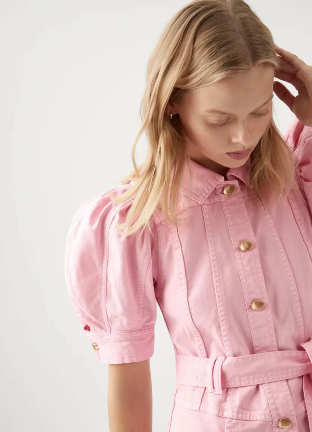 AJE Flora Denim Puff Sleeve Mini Dress Bon Bon Pink Size 14 - Image 2