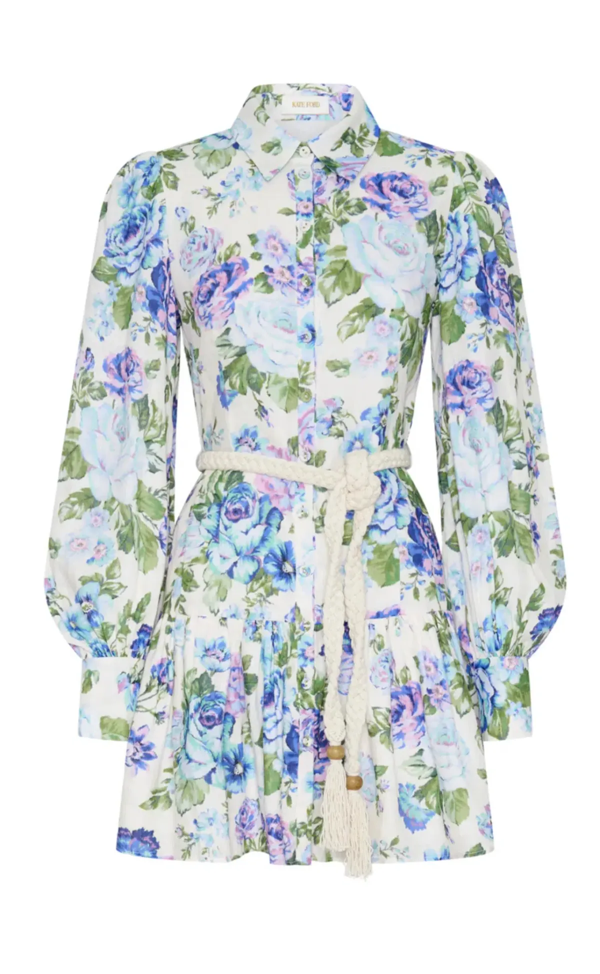 Kate Ford Mojave Short Shirt Dress Belt Floral Blue Size 3/Au 12 - Image 5