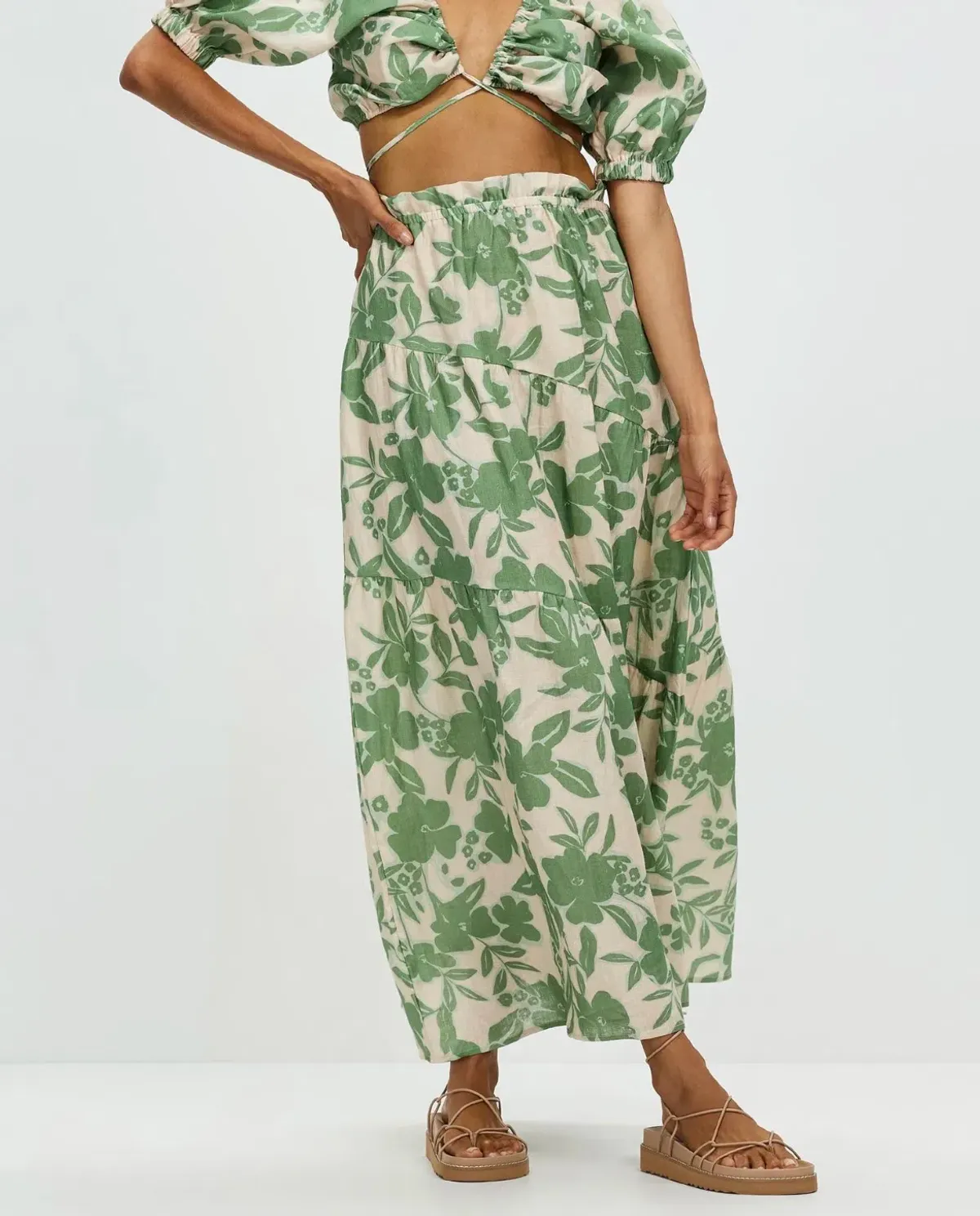Aere Gathering Detail Linen Top & Maxi Skirt Set Floral Ivy Size 8/10 - Image 4