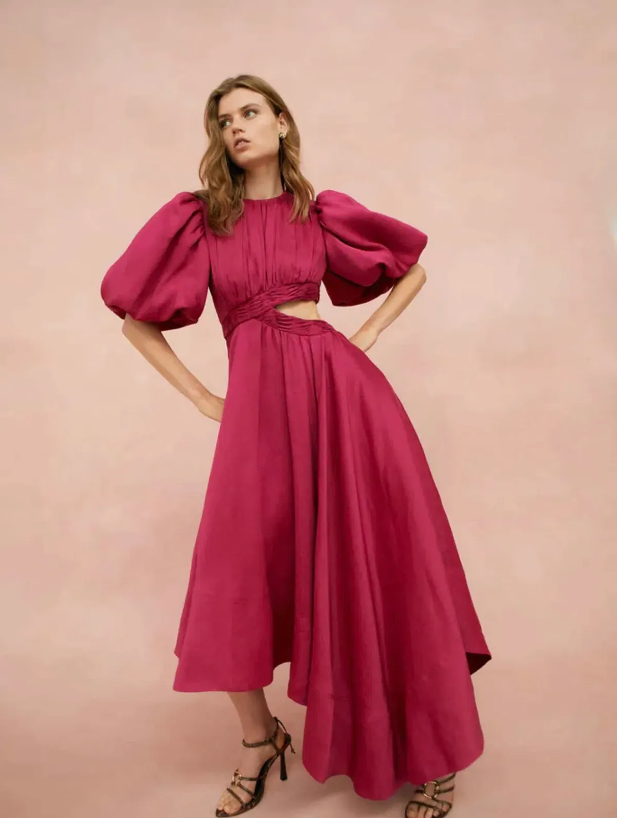 Aje Tidal Tucked Cut Out Midi Dress Fuchsia Size 8 / S - Image 1