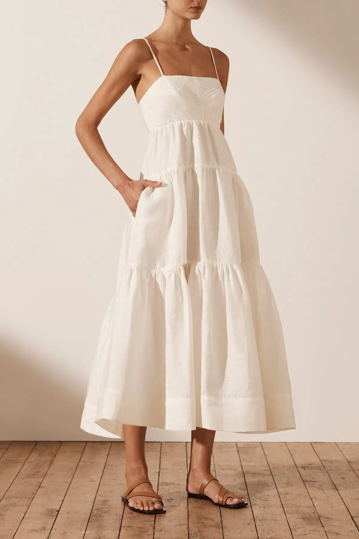 Shona Joy Maya Linen Pin Tuck Open Back Tiered Midi Dress White Size AU 8 - Image 2