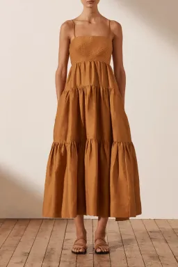 Shona Joy Maya Linen Pin Tuck Open Back Tiered Midi Dress Turmeric Size 14 for rent on The Volte - image 1