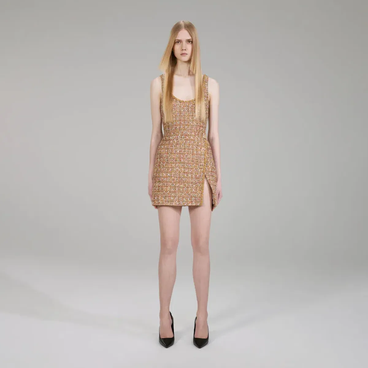 Self Portrait Gold Tinsel Boucle Beaded Mini Dress Gold Size 10 - Image 1