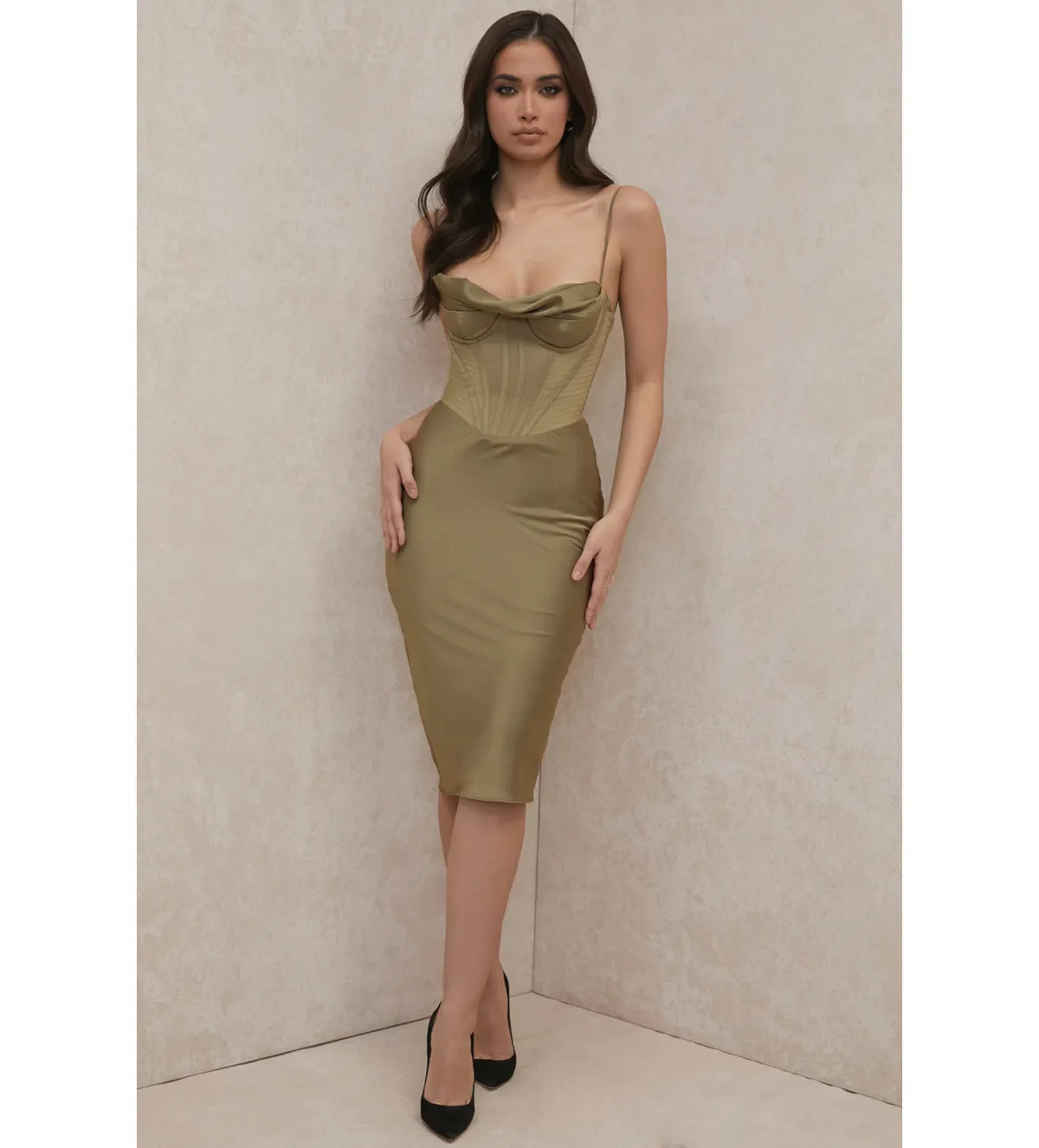 House of CB Myrna Corset Slip Midi Dress in Olive Size 6 - Image 1