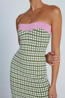 By Johnny Isabella Check Strapless Knit Midi Dress Army Pink Size 12 / L for rent on The Volte - image 3