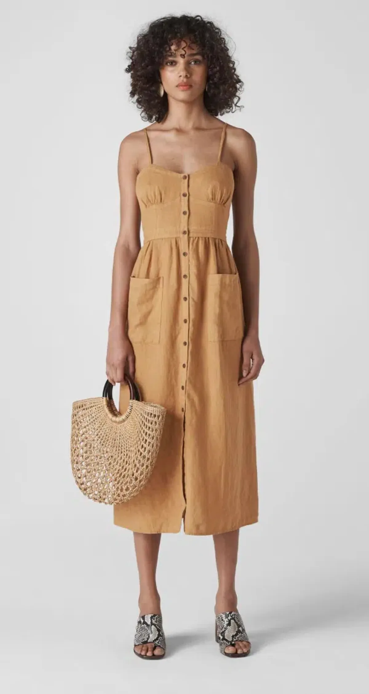 Whistles Milana Tie-Back Linen Dress Toffee Size 12 - Image 1