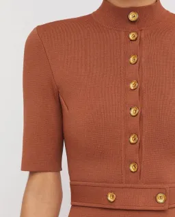 Scanlan Theodore Crepe Knit Mini Button Dress Hazel Brown Size 8 / S for rent on The Volte - image 2