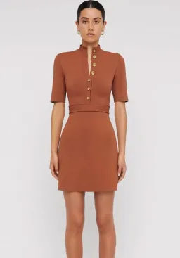 Scanlan Theodore Crepe Knit Mini Button Dress Hazel Brown Size 8 / S for rent on The Volte - image 4