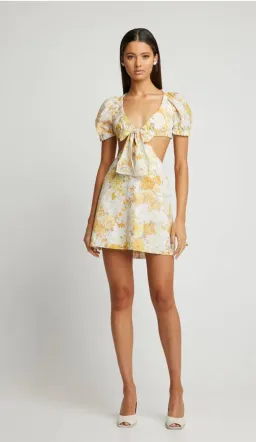 Sofia The Label Ami Tie Front Mini Dress Yellow Floral Size 8  for rent on The Volte - image 1