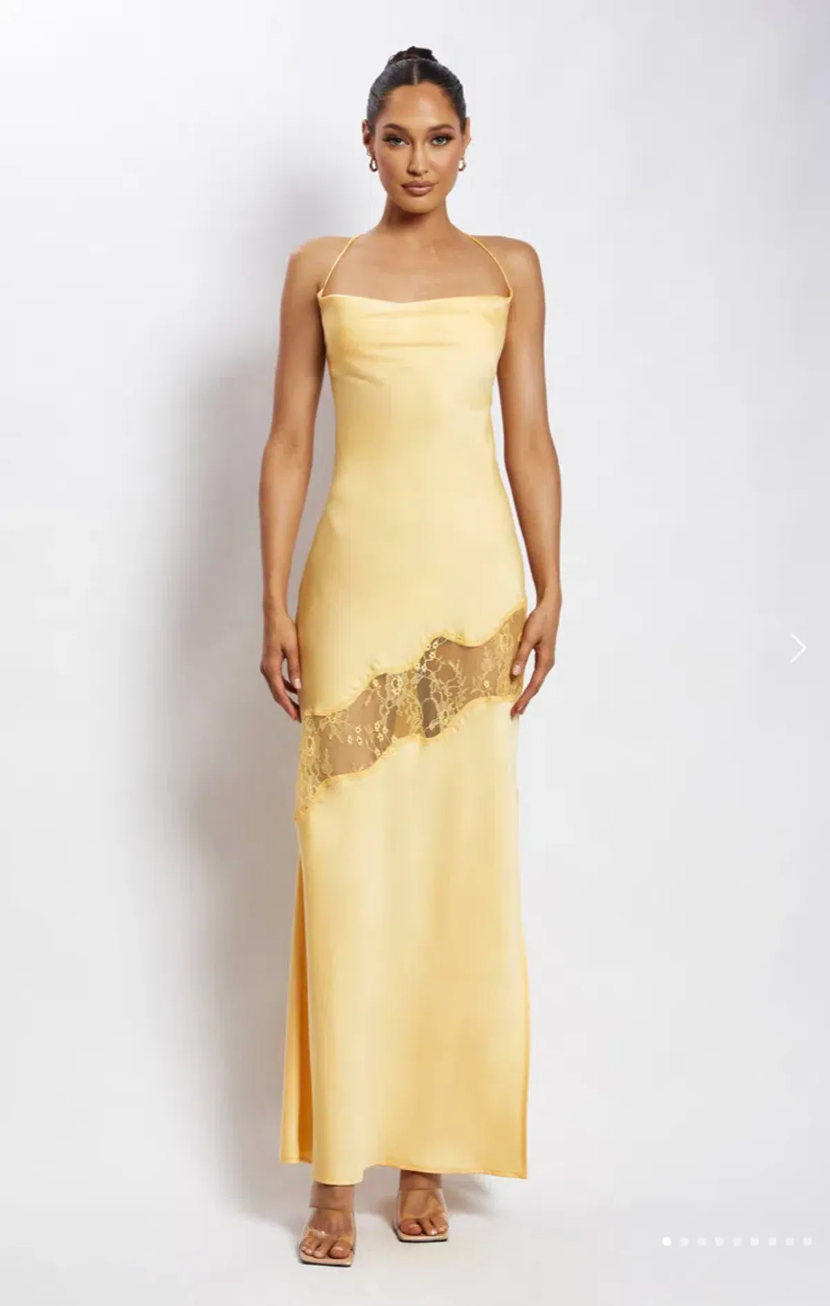 Meshki Chandra Lace Detail Satin Maxi Dress Lemon Size 6 - Image 1