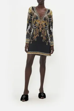 Camilla Long Sleeve Deep V Short Dress Ravin Raven Print Size 10 for rent on The Volte - image 1