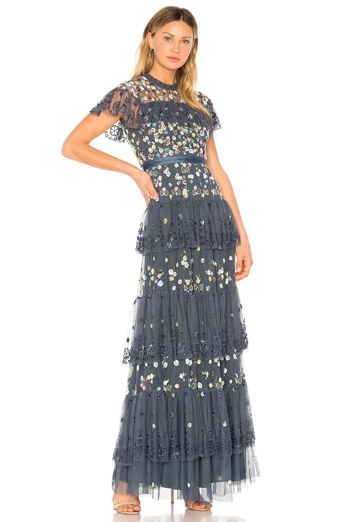 Needle and Thread Tiered Anglais Gown Washed Indigo Beaded Floral Size 8 - Image 1