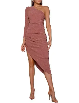 Elle Zeitoune Rose Gold Midi One Shoulder Ruched Dress Blush Size AU 10 for rent on The Volte - image 1