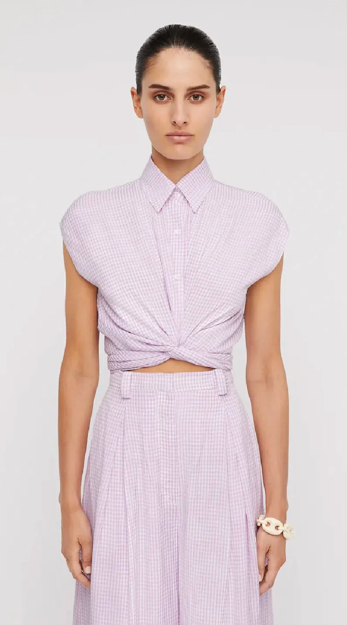 Scanlan Theodore Gingham Tie Front Shirt & Cropped Trouser Set Mauve Size AU 8 - Image 2