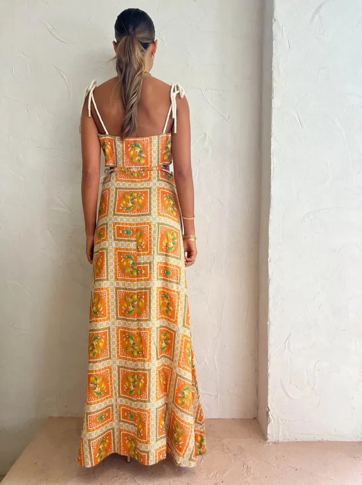 By Nicola Lemonade Tie Maxi Dress In Orange Mosaic Print Size 6 - Image 2