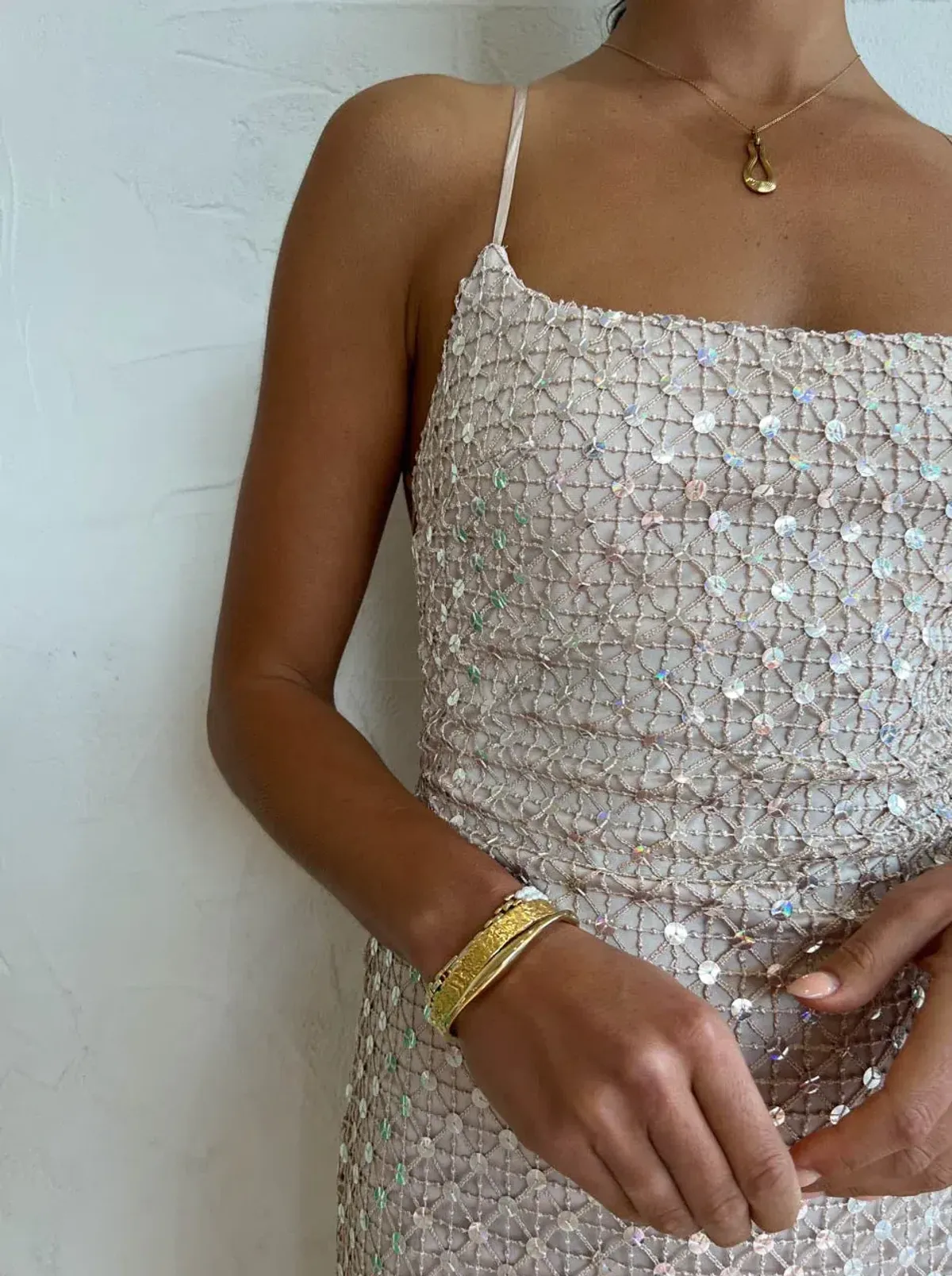 Manning Cartell Crochet Sequins Slip Dress Beige Size AU 8 - Image 4