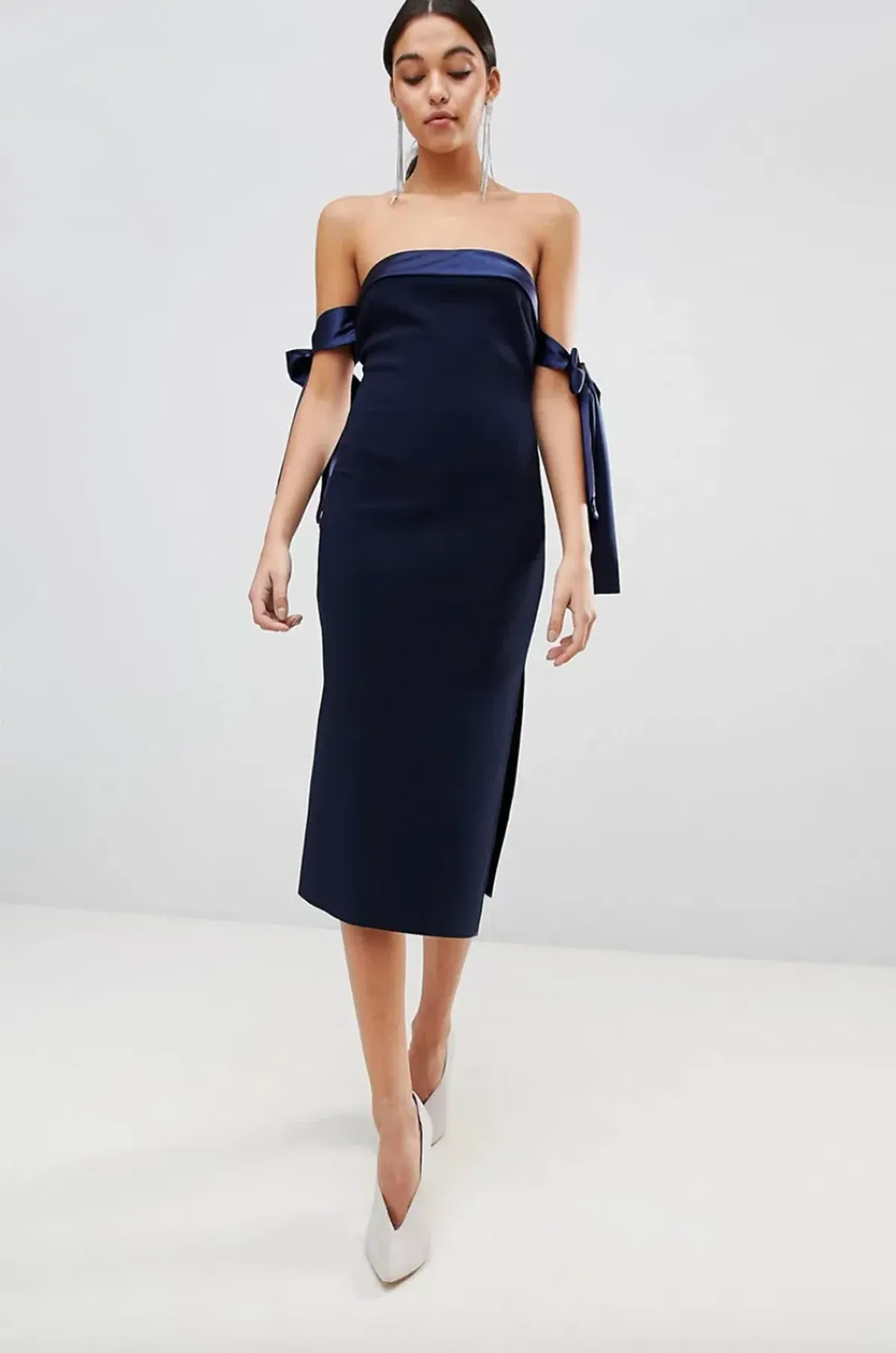 Bec & Bridge Tie Sleeve Off Shoulder Midi Dress Navy Size AU 6 - Image 1
