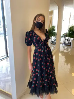 Lirika Matoshi Black Strawberry Midi Dress & Scarf Size Small/Au 8 for rent on The Volte - image 2