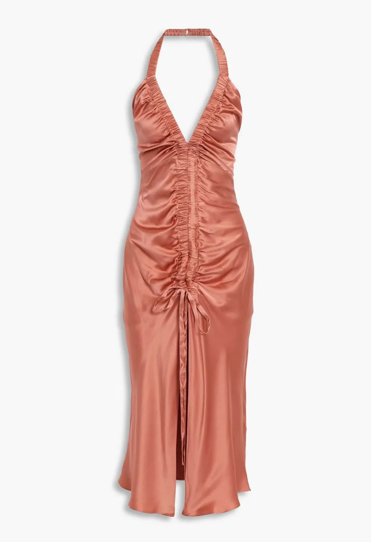 Nicholas Allia Ruched Silk Satin Halterneck Midi Dress Bellini Size 10 - Image 3