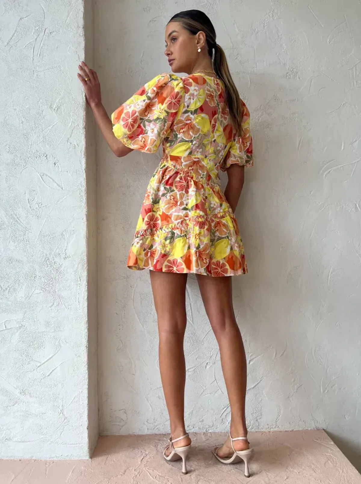 By Nicola Sol Puff Sleeve Mini Dress In Citrus Print Size 10 - Image 3