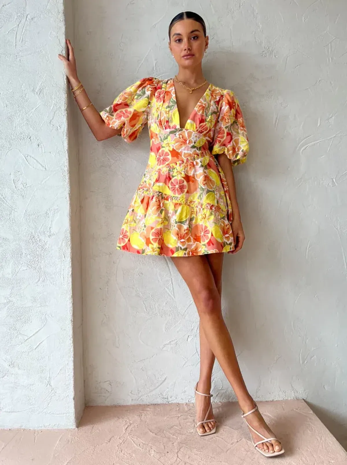 By Nicola Sol Puff Sleeve Mini Dress In Citrus Print Size 10 - Image 1