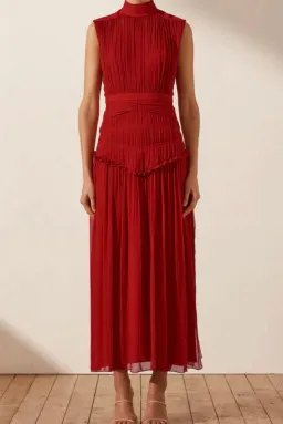 Shona Joy Clemence Lèonie High Neck Midi Dress Red Size 8  for rent on The Volte - image 1