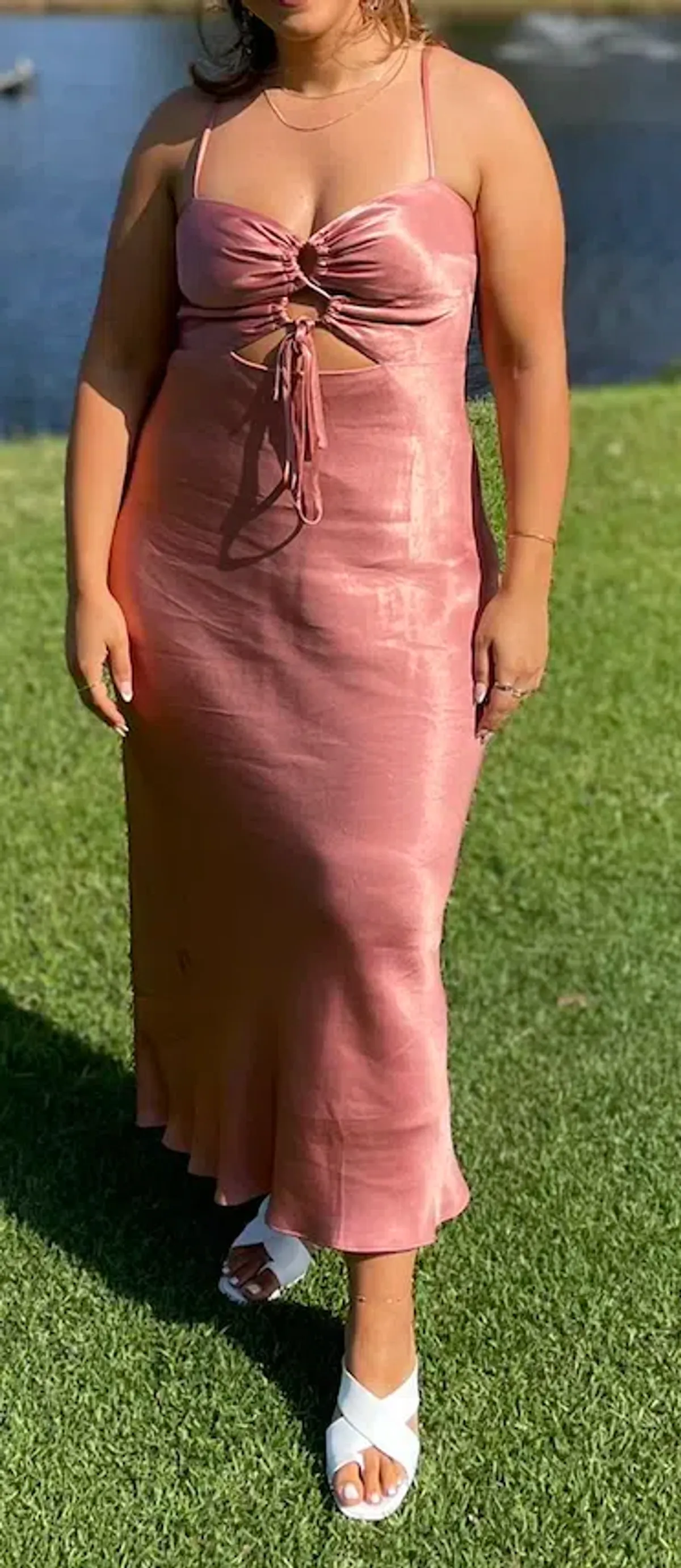 Shona Joy Eloise Lace Up Midi Dress Pink Size AU 14 - Image 3