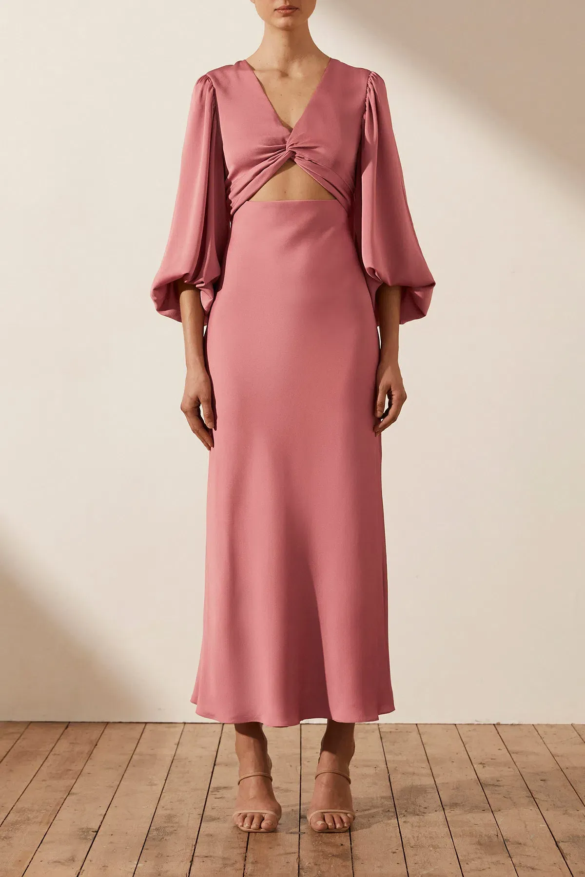 Shona Joy Luxe Twist Front Balloon Sleeve Midi Dress Pink Size 6 / XS - Image 1