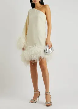 Taller Marmo Piccolo Ivory Feather Trimmed One Shoulder Mini Dress Ivory Size 10  for rent on The Volte - image 1