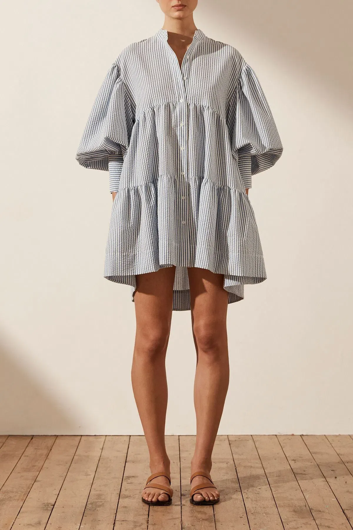 Shona Joy Roberta Balloon Sleeve Tiered Mini Dress Blue Size 12 / L - Image 1