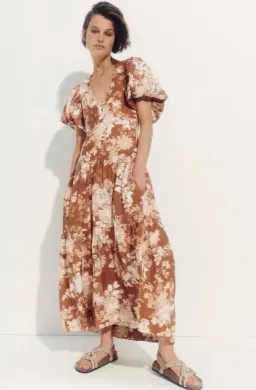 Shona Joy Capucine Linen Plunged Short Sleeve Midi Dress Almond Size 10 / M for rent on The Volte - image 4