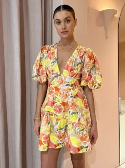 By Nicola Sol Puff Sleeve Mini Dress In Citrus Print Orange Size AU 8 for rent on The Volte - image 3