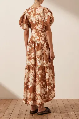 Shona Joy Capucine Linen Plunged Short Sleeve Midi Dress Almond Size 6 for rent on The Volte - image 1