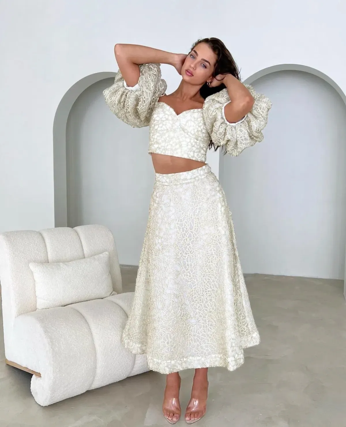 Aje Patina Lace Top and Midi Skirt Set Ivory Size 8/10 - Image 1