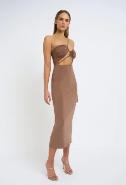 By Johnny Siya Slice Gather Midi Dress Tan Size 12 / L for rent on The Volte - image 1