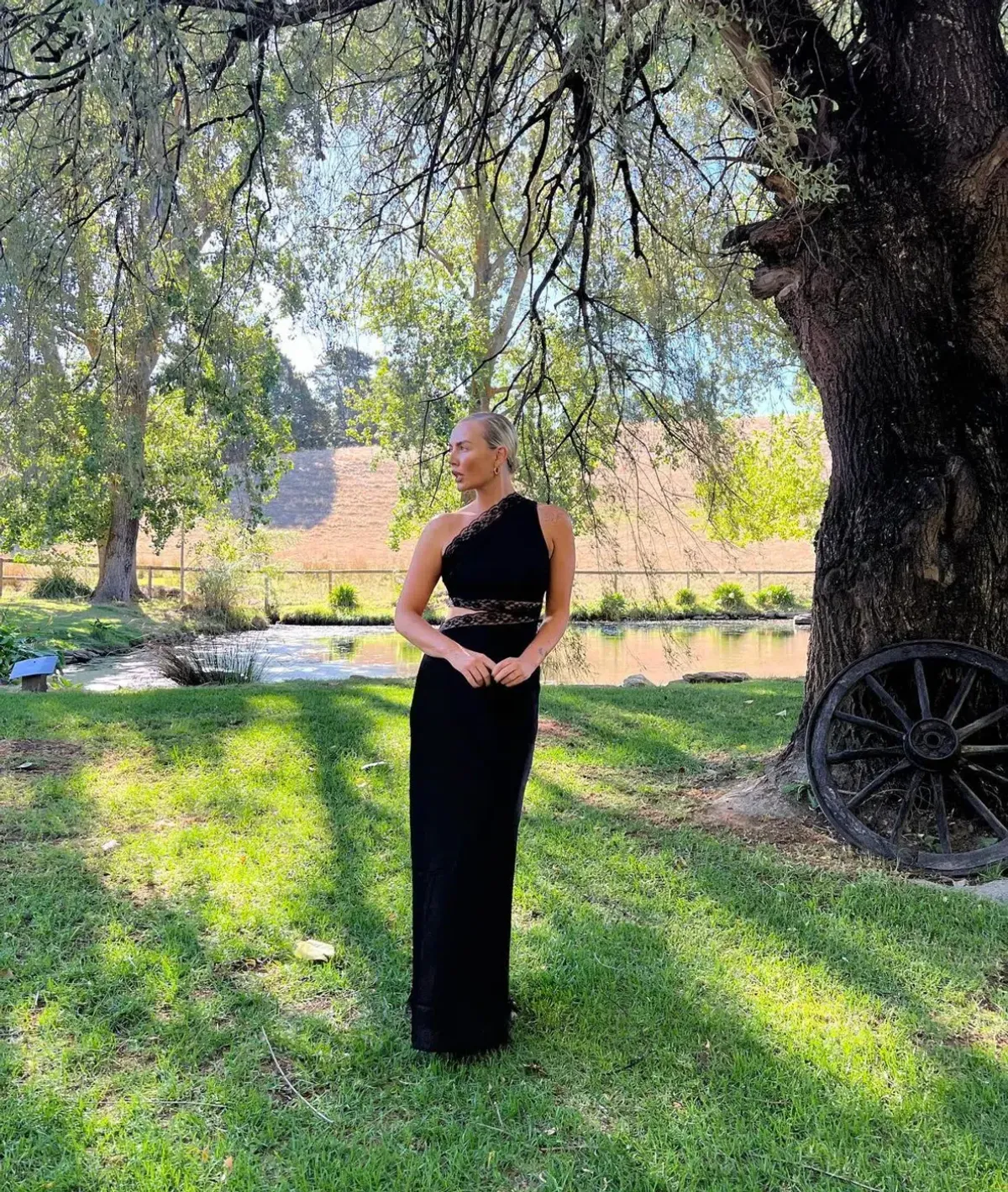 Misha Collection Jillian Satin Maxi Dress With Lace Cut Out One Shoulder Detail Asymmetric Black Sir the Label Style Size AU 8 - Image 5