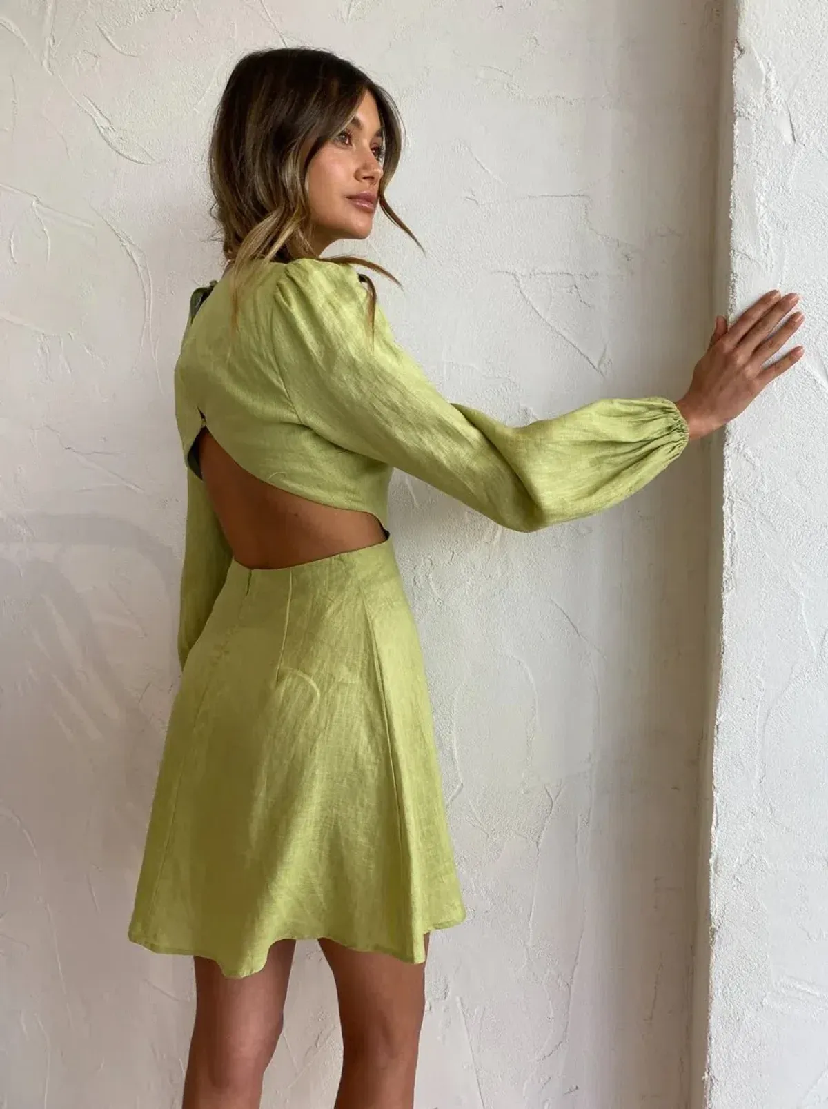 The Wolf Gang Safi Linen Cut Out Dress in Pistachio Size XS / AU 6 - Image 3