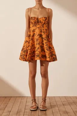 Shona Joy Uli Linen Corded Circle Mini Dress Orange Print Size 12 for rent on The Volte - image 1