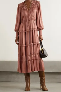 Ulla Johnson Serena Ruffled Satin Midi Dress Copper Pink Size 10 for rent on The Volte - image 3