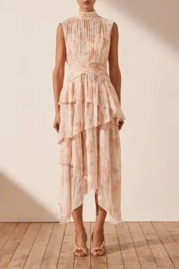 Shona Joy High Neck Midi Dress Faye Sleeveless Ruched Midi Dress in Blush Size AU 6 for rent on The Volte - image 1