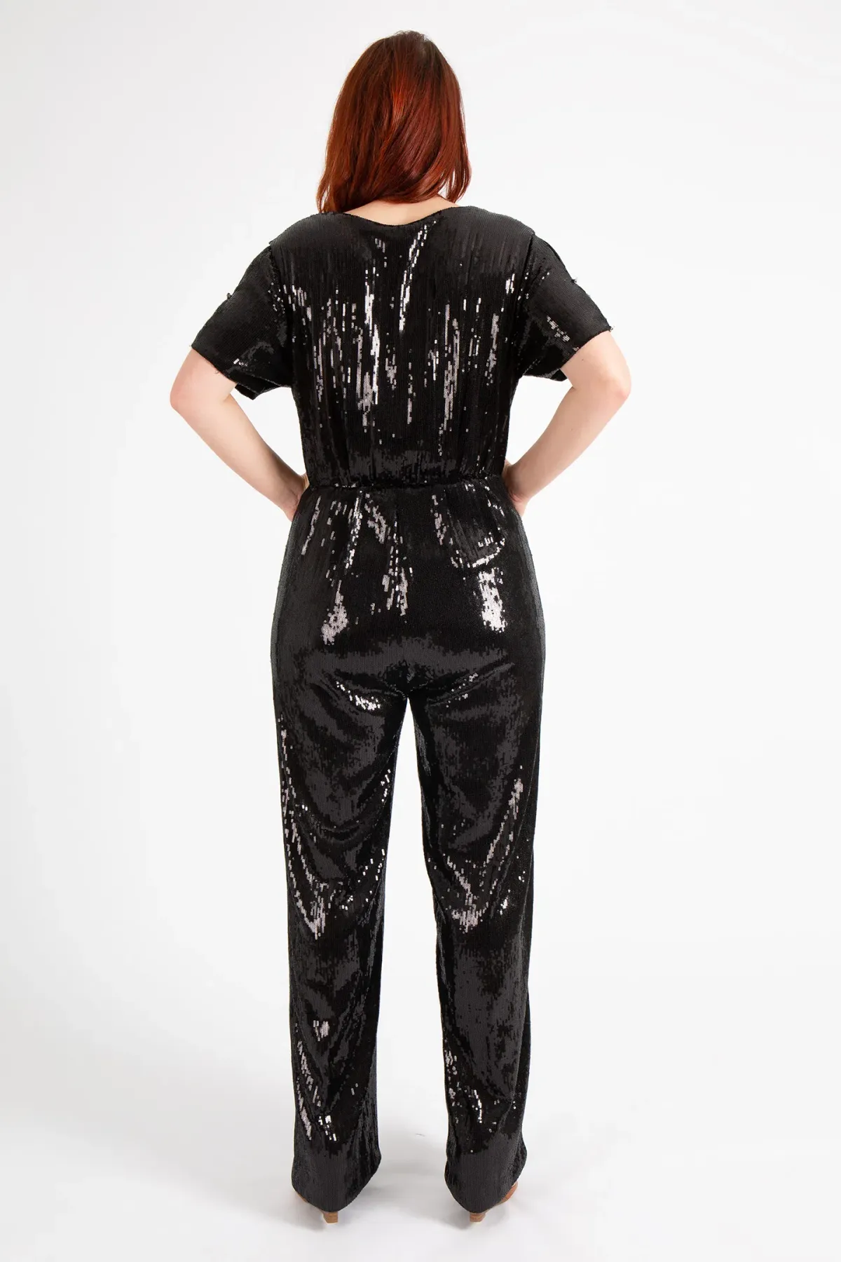 Hugo Boss Stretch Jersey Sequin Jumpsuit with Fixed Wrap Front Black Size AU 10 - Image 3