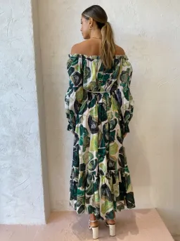 Alemais Siena Off Shoulder Shirt Midi Dress In Green Floral Long Sleeve Green Size AU 14 for rent on The Volte - image 6