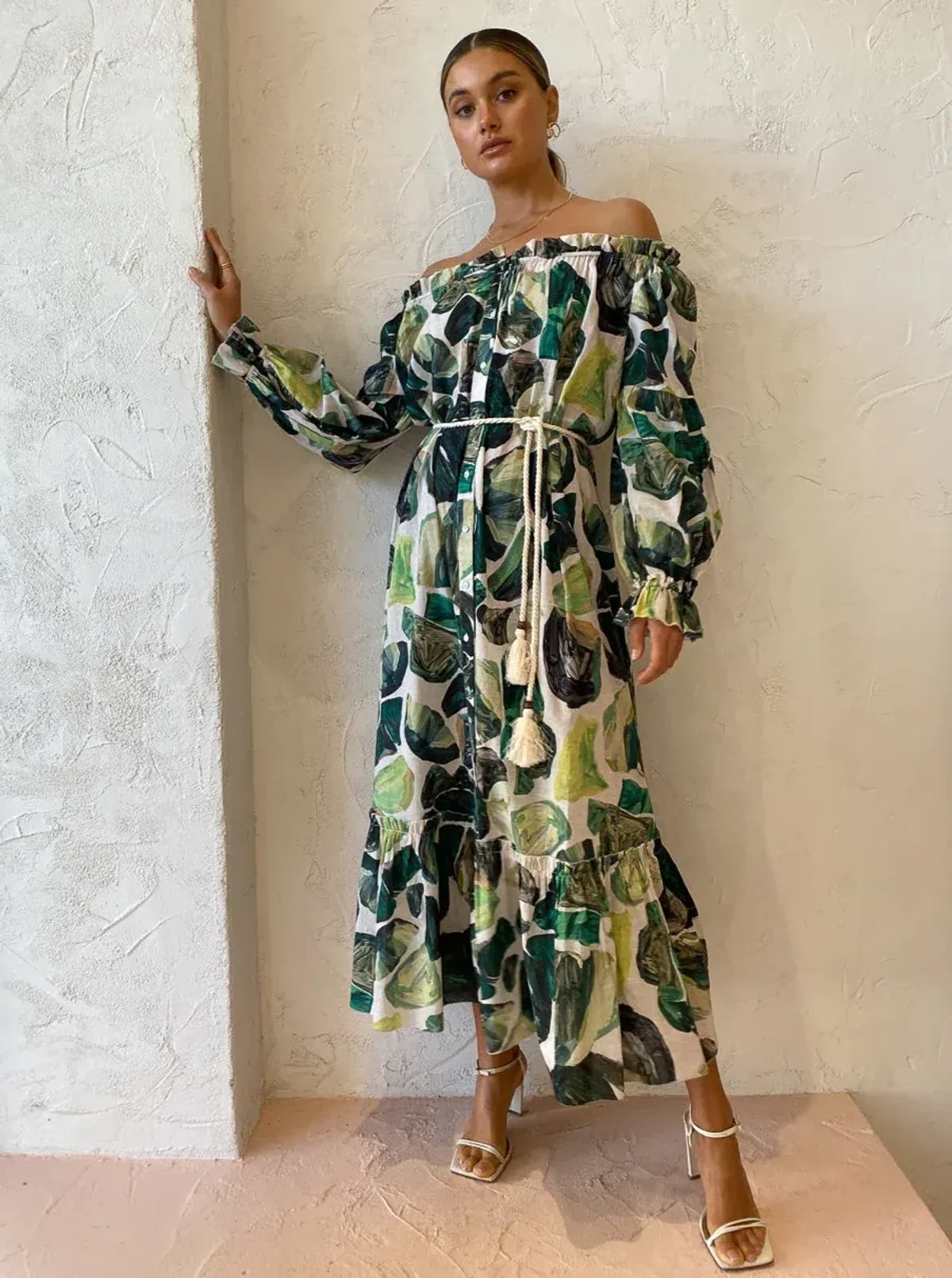 Alemais Siena Off Shoulder Shirt Midi Dress In Green Floral Long Sleeve Green Size AU 14 - Image 2