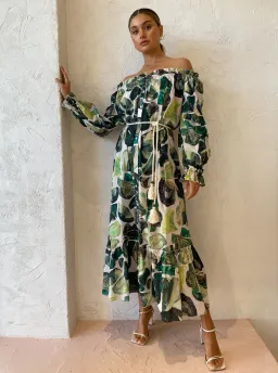 Alemais Siena Off Shoulder Shirt Midi Dress In Green Floral Long Sleeve Green Size AU 14 for rent on The Volte - image 2