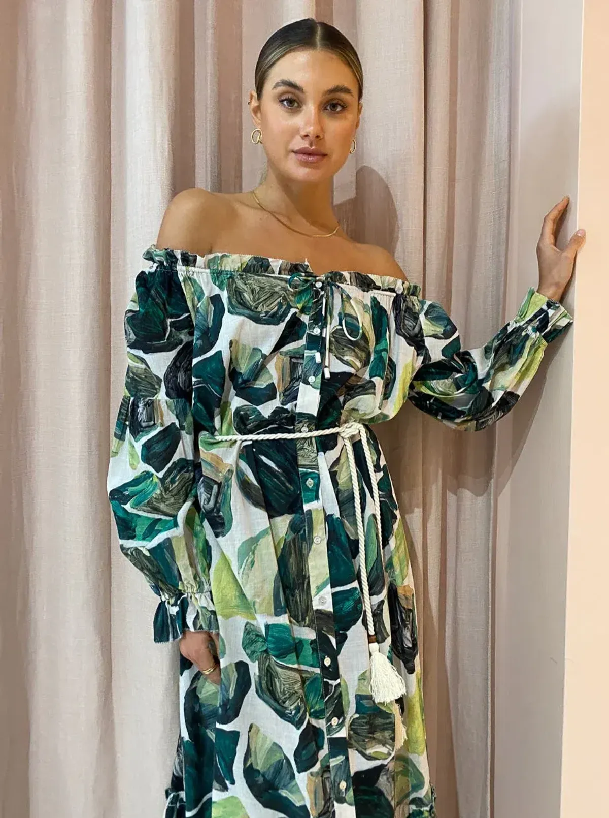 Alemais Siena Off Shoulder Shirt Midi Dress In Green Floral Long Sleeve Green Size AU 14 - Image 7