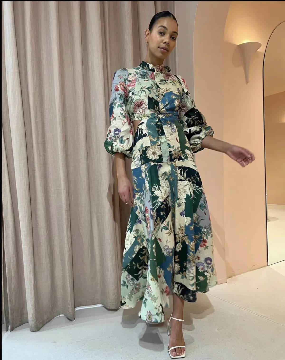 Alemais Loretta Long Sleeve Cutout Linen Patchwork Midi Dress Multi Size 10 - Image 1