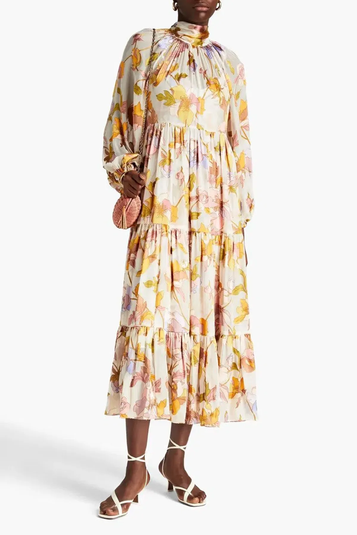 Zimmermann Tempo Gathered Floral Print Fil Coupé Chiffon Midi Dress Size 0/Au 8  - Image 1