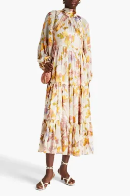 Zimmermann Tempo Gathered Floral Print Fil Coupé Chiffon Midi Dress Size 0/Au 8  for rent on The Volte - image 1