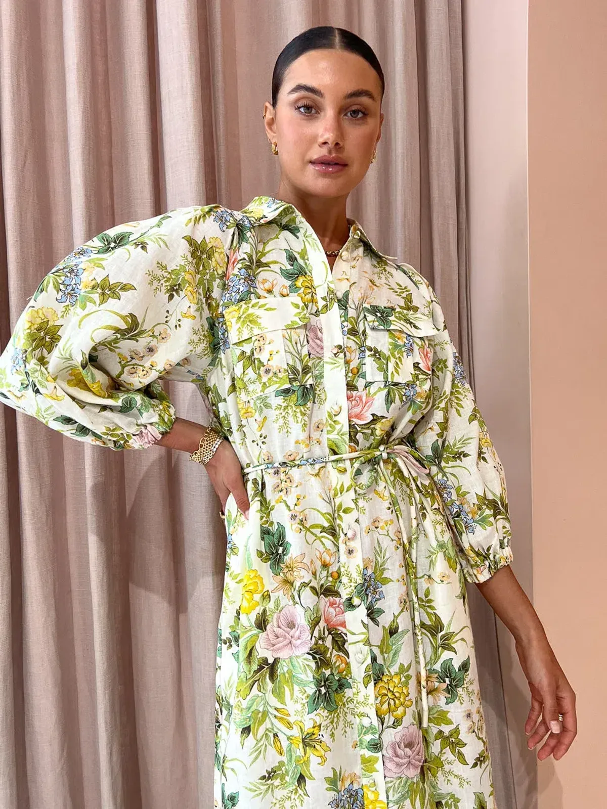 Alemais Eden Midi Shirt Dress Belted Floral Print Linen Size AU 10  - Image 5
