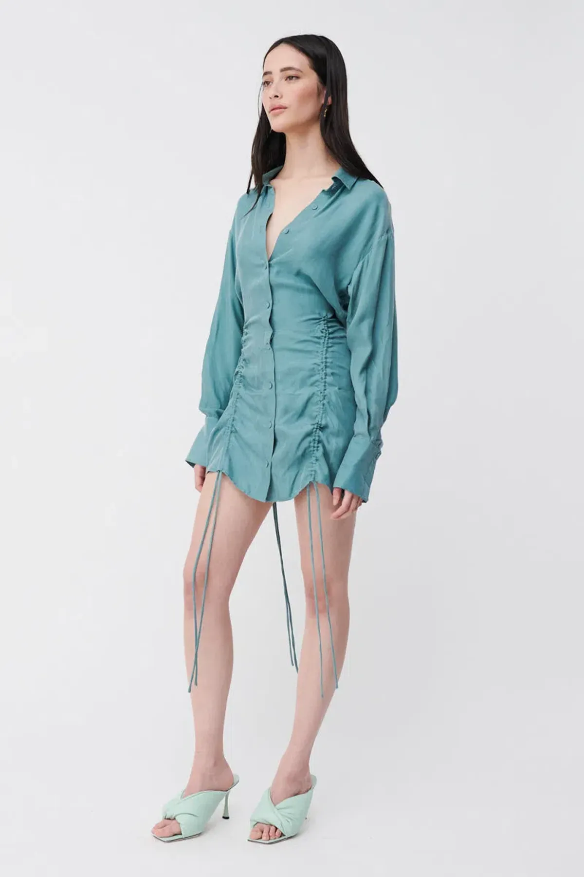 Suboo Seafoam Andy Ruched Mini Shirt Dress Blue  Size M / AU 10 - Image 3